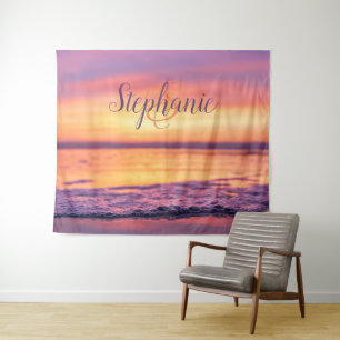 Monogram Name Lila Orange Ocean Wave Sunset Wandteppich