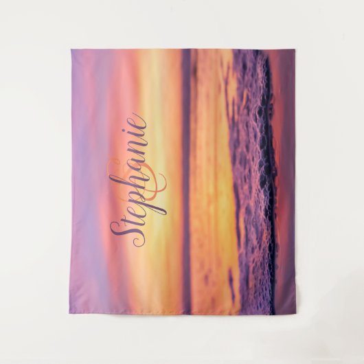 Monogram Name Lila Orange Ocean Wave Sunset Wandteppich (Vorderseite)