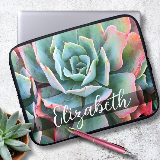 Monogram Name Mint Green Pink Cactus Foto Modern Laptopschutzhülle