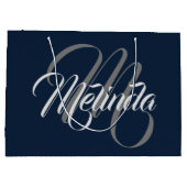 Monogram Name Modern Simply Bridal Gray Navy Große Geschenktüte (Rückseite)