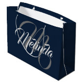 Monogram Name Modern Simply Bridal Gray Navy Große Geschenktüte (Rückseite Schrägansicht)