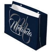 Monogram Name Modern Simply Bridal Gray Navy Große Geschenktüte (Vorderseite Schrägansicht)