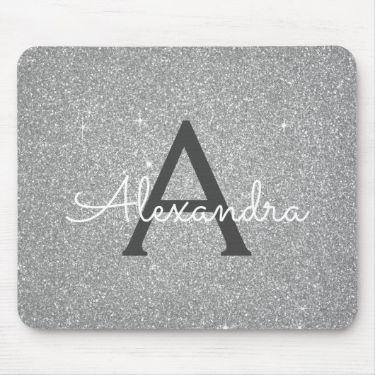 Monogram Name Mousepad für Silver Sparkle Glitzer (Vorne)