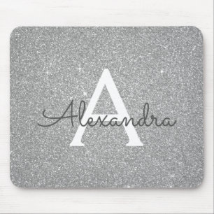 Monogram Name Mousepad für Silver Sparkle Glitzer