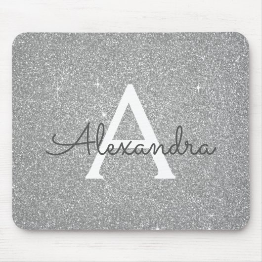 Monogram Name Mousepad für Silver Sparkle Glitzer (Vorne)