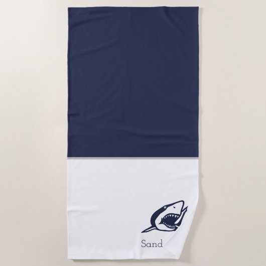 Monogram Name Nautical Shark Navy Blue | weiß Strandtuch (Vorderseite)