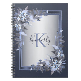 Monogram Name Navy Blue Floral Silver Gray Elegant Notizblock