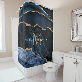 Monogram Name Navy Blue Gold Marmordusche Vorhang