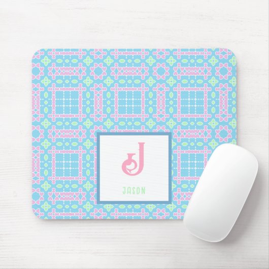 Monogram Name Neon Pink Blue Hearts Muster Mousepad (Mit Mouse)