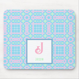 Monogram Name Neon Pink Blue Hearts Muster Mousepad