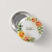 Monogram Name Orange Yellow Floral Greenery Modern Button (Vorne & Hinten)