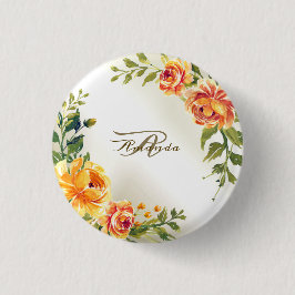 Monogram Name Orange Yellow Floral Greenery Modern Button