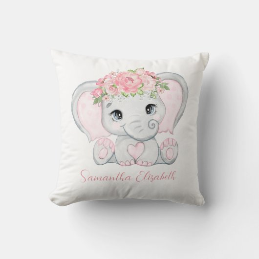 Monogram Name Pink Baby Elephant Baby Girl Kinderz Kissen (Vorderseite)