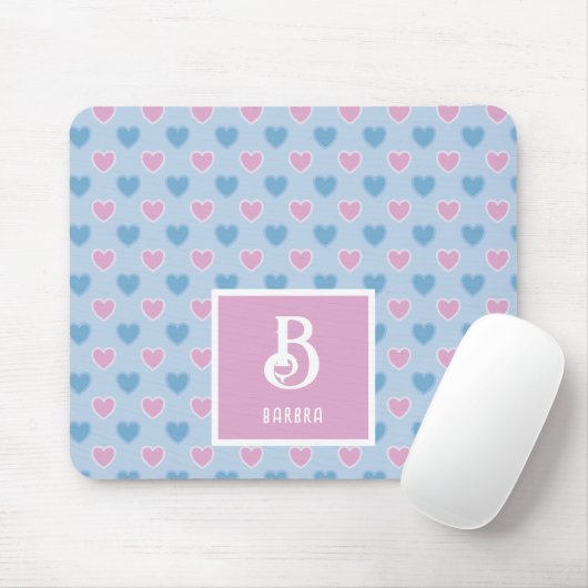 Monogram Name Pink & Blue Hearts Muster Mouse Pad Mousepad (Mit Mouse)
