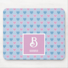 Monogram Name Pink & Blue Hearts Muster Mouse Pad Mousepad