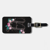 Monogram Name Pink Floral Geometric Frame Black Gepäckanhänger (Vorderseite horizontal)