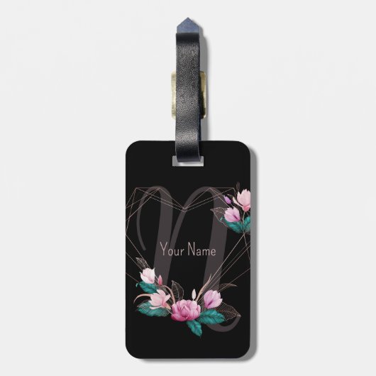 Monogram Name Pink Floral Geometric Frame Black Gepäckanhänger (Rückseite vertikal)