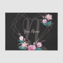 Monogram Name Pink Floral Geometric Frame Black
