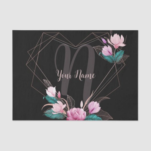 Monogram Name Pink Floral Geometric Frame Black Seidenpapier (Vorderseite)