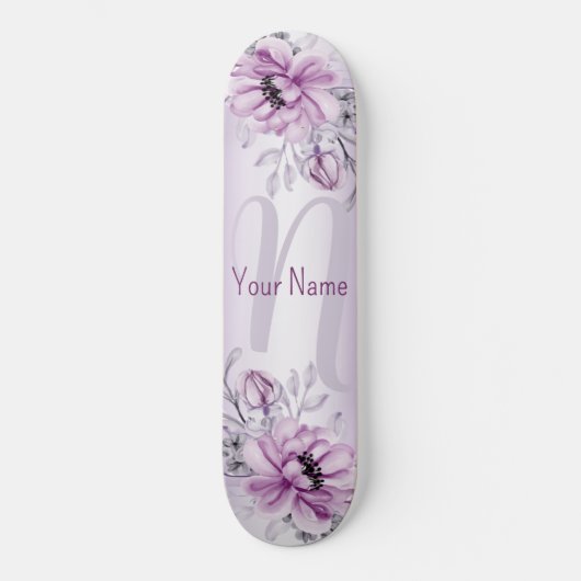Monogram Name Pink Floral Violet Lila Modern Skateboard (Vorderseite)