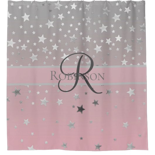 Monogram Name Pink Gray Silver Stars Trendy Duschvorhang (Vorderseite)
