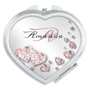 Monogram Name Pink Peach Shiny Hearts Geometric Taschenspiegel
