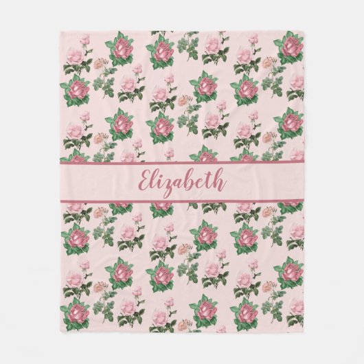 Monogram Name Pink Roses Floral Shabby Chic Fleecedecke (Vorderseite)