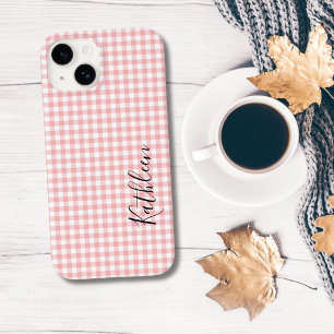 Monogram Name Pink White Gingham Karo Kariert Case-Mate iPhone 14 Hülle