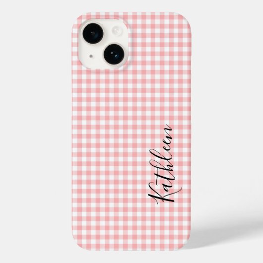 Monogram Name Pink White Gingham Karo Kariert Case-Mate iPhone Hülle (Rückseite)