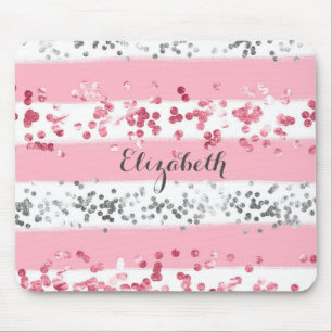 Monogram Name Pink White Gray Glitzer Girly Trendy Mousepad