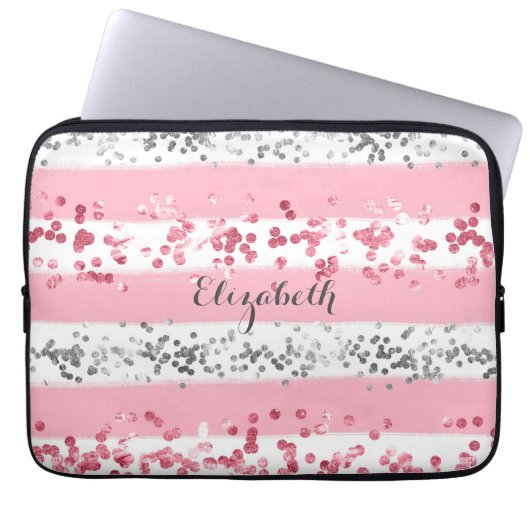 Monogram Name Pink White Gray Glitzer Trendy  Laptopschutzhülle (Vorderseite)