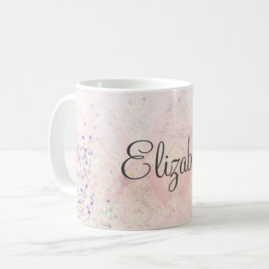 Monogram Name Pink White Sparkle Elegant Kaffeetasse (Vorderseite Links)