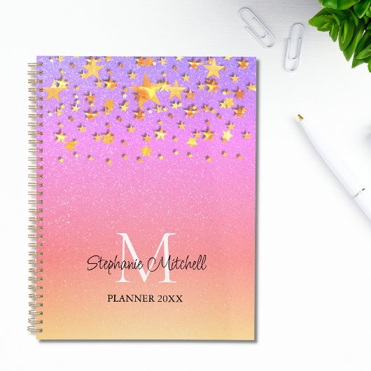 Monogram Name Rainbow Gold Stars Planer