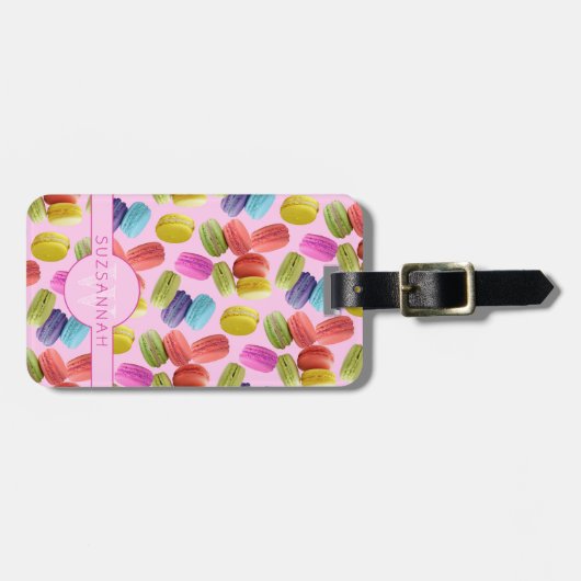 Monogram Name Rainbow Macaron Cookies Muster Gepäckanhänger (Vorderseite horizontal)