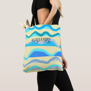 Monogram Name Retro nautisch-blaue gelbe Wellen Tasche