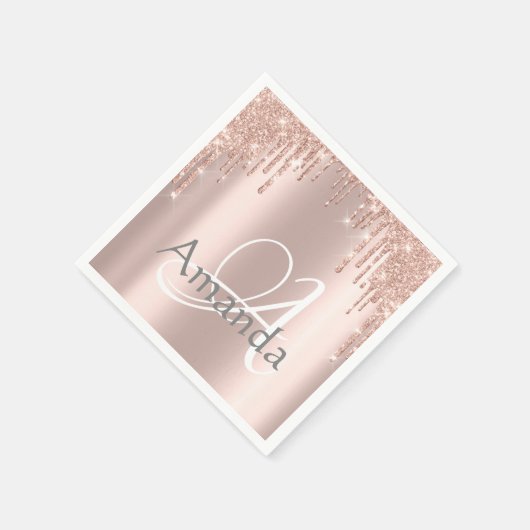 Monogram Name Rose Glitzer Tropfen Spark Sweet 16. Serviette (Ecke)