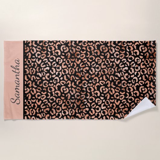 Monogram Name Rose Gold Black Leopard Print Strandtuch (Vorderseite)