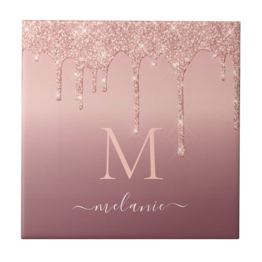 Monogram Name Rose Gold Blush Glitzer Sparkone Fliese (Vorderseite)