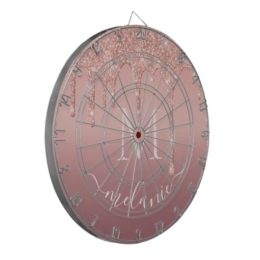 Monogram Name Rosen Gold Blush Glitzer Dart Board Dartscheibe (Vorderseite Links)