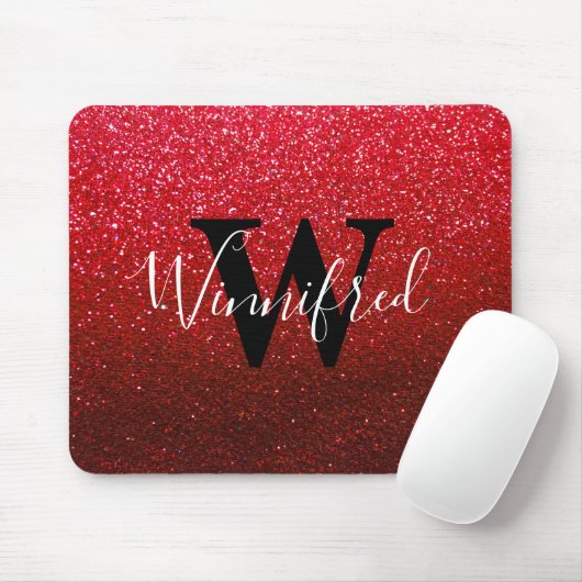 Monogram Name Ruby Red Ombre Glitzer Glitzern Mousepad (Mit Mouse)