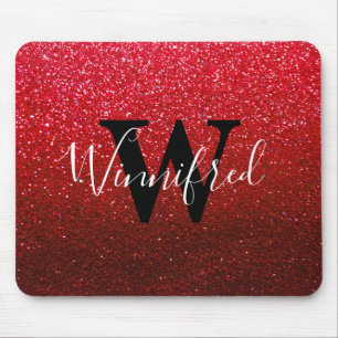 Monogram Name Ruby Red Ombre Glitzer Glitzern Mousepad