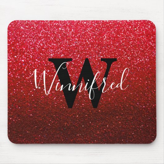 Monogram Name Ruby Red Ombre Glitzer Glitzern Mousepad (Vorne)