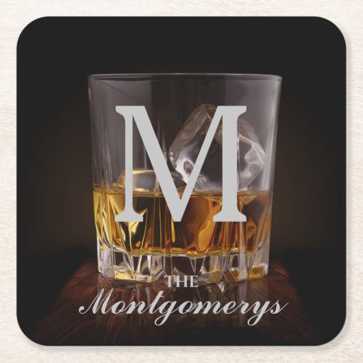 Monogram Name Rustic Whiskey Glass Rechteckiger Pappuntersetzer (Vorderseite)
