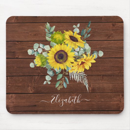Monogram Name Rustic Wood Yellow Sunflower Mousepad (Vorne)