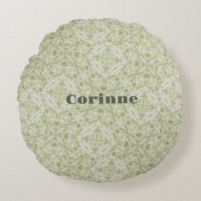 Monogram Name Sage Green Pattern | Rundes Kissen (Vorderseite)