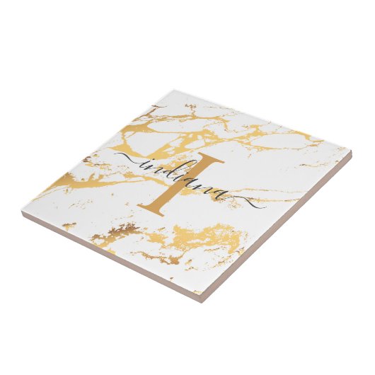 Monogram Name Script Initial Gold Marble Muster Fliese (Seite)