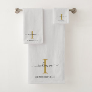 Monogram Name Script Minimalistisch Gold Grau Badhandtuch Set