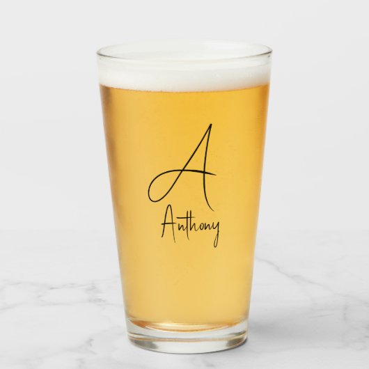 Monogram Name Simple Black Script Beer Glas (Vorne (Gefüllt))