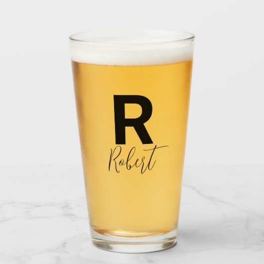 Monogram Name Simple Black Script Beer Glas (Vorne (Gefüllt))