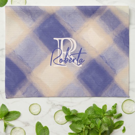 Monogram Name Skript Blue Marine Creme Beige karie Geschirrtuch (Gefaltet)
